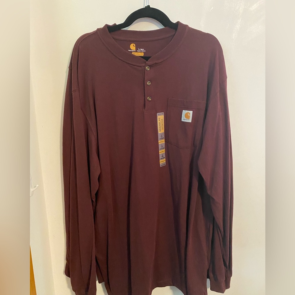 Men’s Carhartt Large TALL long sleeve Henley t-shirt shirt NWT burgundy